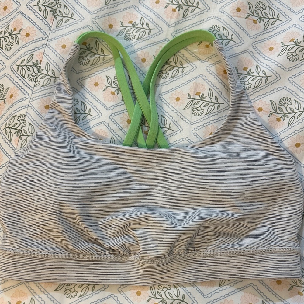 lululemon athletica Gray Striped Sports Bra with Green Crisscross Straps